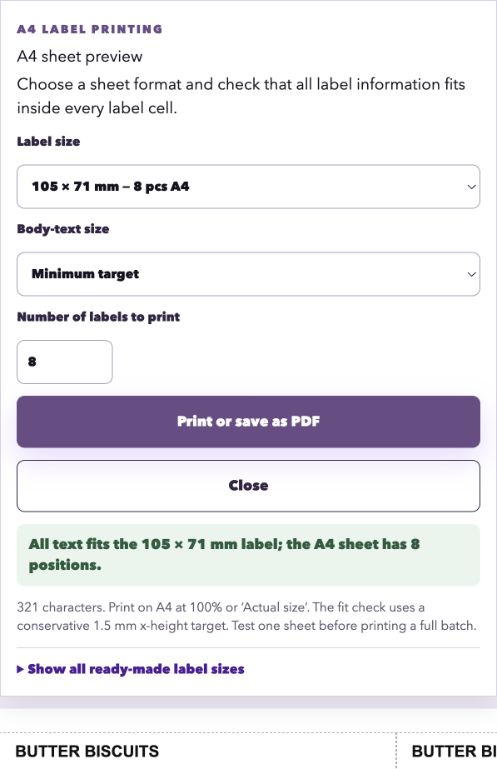Food Label Helper text-fit and A4 label-size check